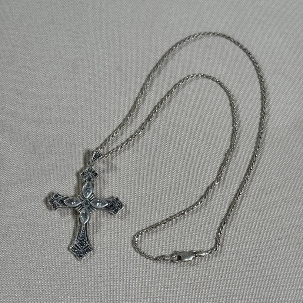 Sterling Silver Cross Necklace Marcasite Clear Crystal 18 in Italian Chain *FLAW